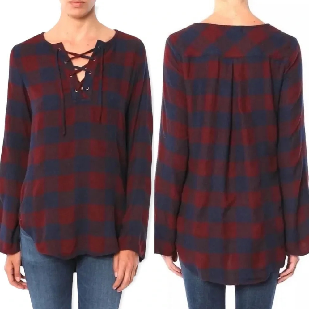 Anthropologie Cloth & Stone Red Blue Plaid Tie Neck Flannel Tunic Top Size Small